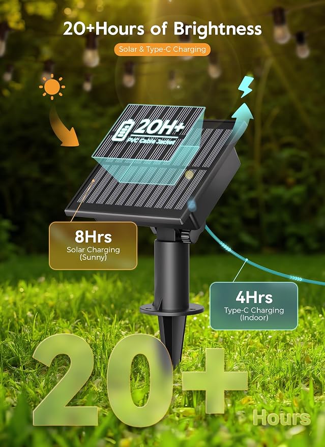 Minetom 34FT Solar String Lights Outdoor Waterproof, 9 LED S14 Shatterproof Bulb - Image 2