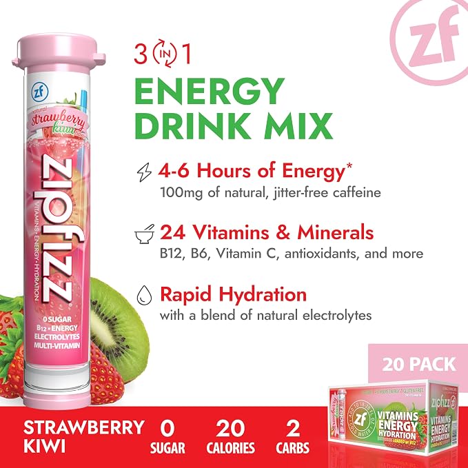 Zipfizz Daily Energy Drink Powder, Strawberry Kiwi, 20 Pack | 3-in-1 Sustained - Image 3