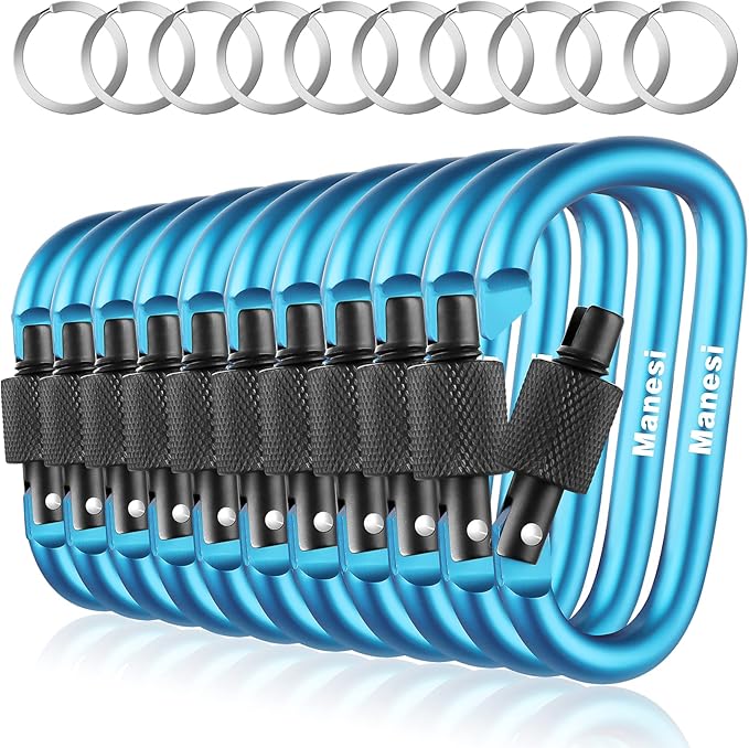 10 Pack Aluminum D Ring Key Rings Clips Locking Carabiner by Manesi