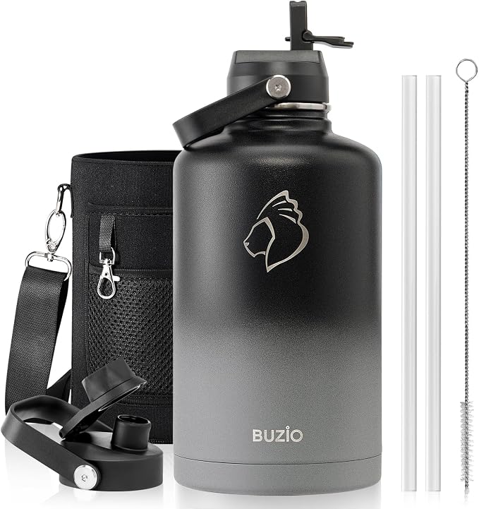 Insulated Water Bottle with Straw Lid, Modern Double Vacuum Stainless Steel by BUZIO