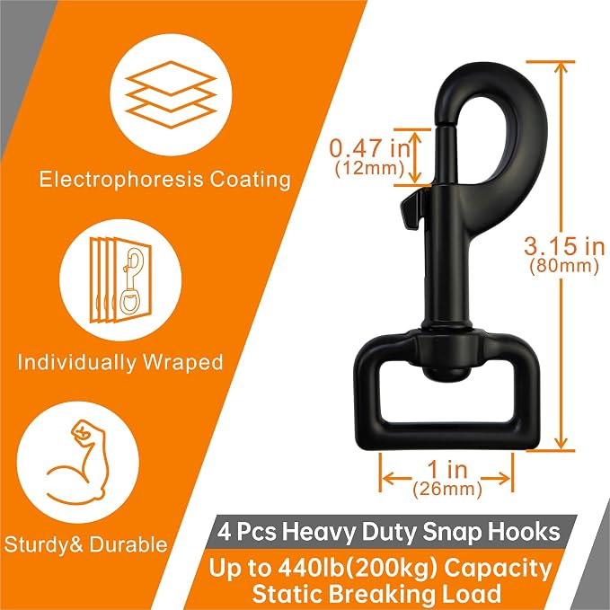 Garwor 4 Pcs 1 Inch Heavy Duty Black Electrophoresis Coating Swivel Snap Hooks - Image 2