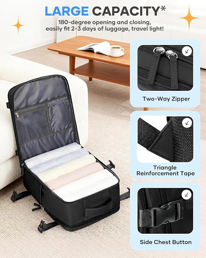 coofay Black Travel Backpack Carry on Flight Approved Mochila De Viaje Personal - Image 5