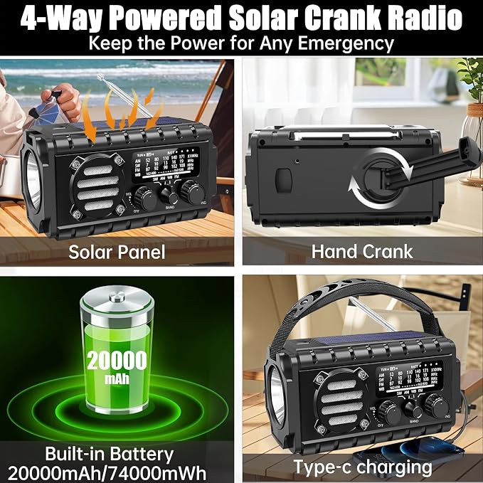 Aivica 20000mah Emergency Radio, SW/NOAA/AM/FM Weather Radio, Solar Powered - Image 4
