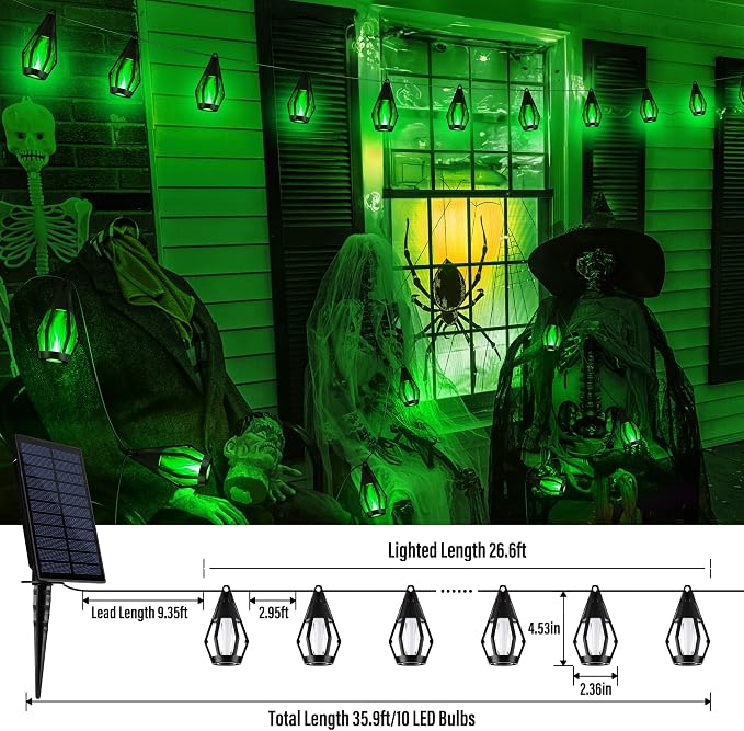 iBaycon Solar Halloween Lights, 27Ft 10 LED Bulbs Flickering Flame String Light - Image 3