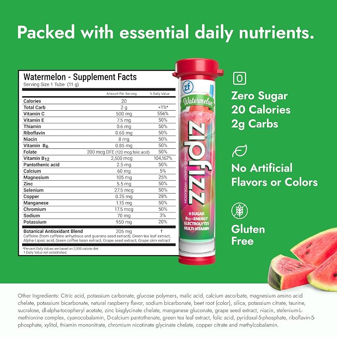 Zipfizz Daily Energy Drink Powder, Watermelon, 20 Pack | 3-in-1 Sustained Energy - Image 2