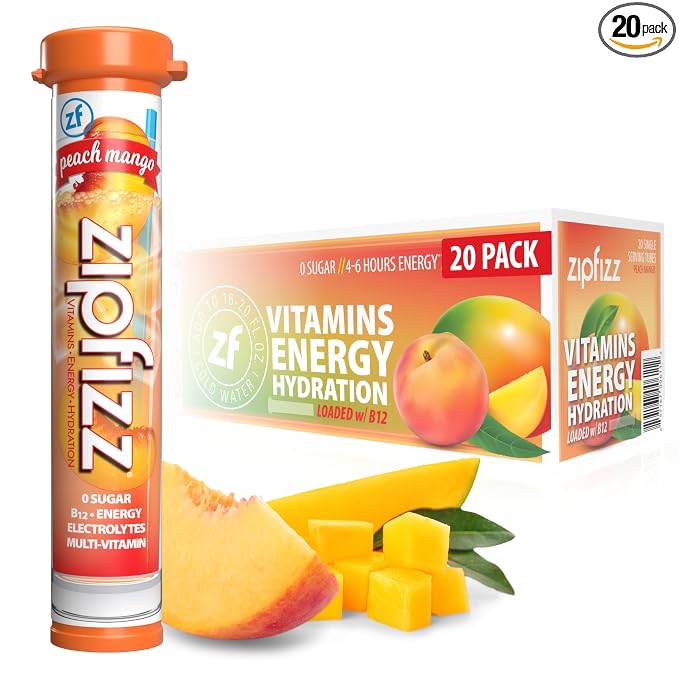 Zipfizz Daily Energy Drink Powder, Peach Mango, 20 Pack | 3-in-1 Sustained by Zipfizz