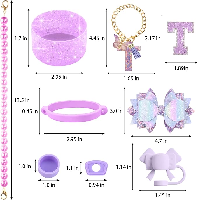 9PCS Purple for Stanley Cup Accessories Set Bling Initials Bow Charms for - Image 3