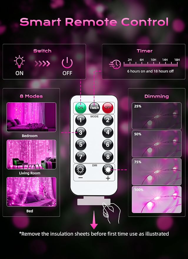 Brightown 300 LED Pink Fairy Curtain Lights, 9.8ft x 9.8ft String Lights - Image 6