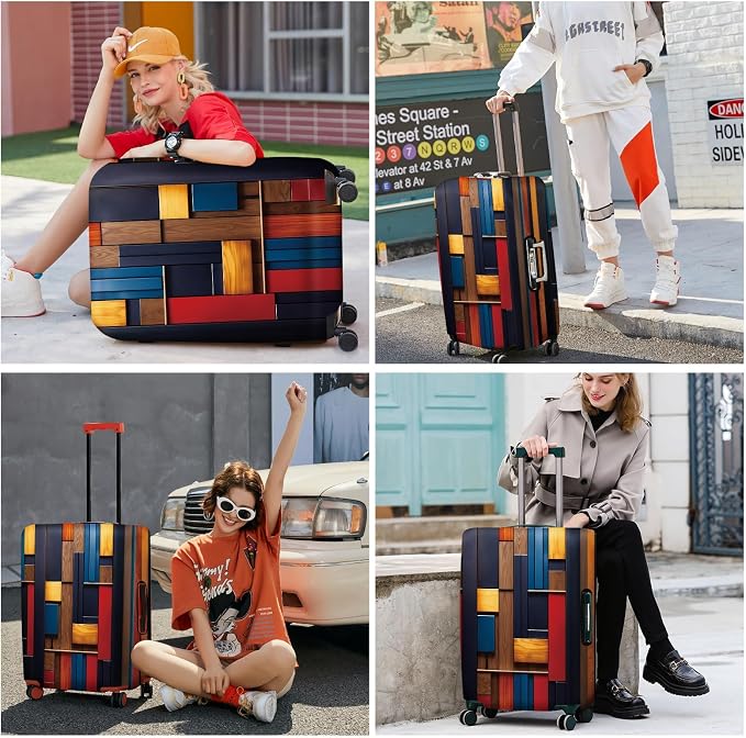 ANNA QUEEN Modern Geometric Wood Luggage Cover, Abstract Panel Suitcase - Image 6
