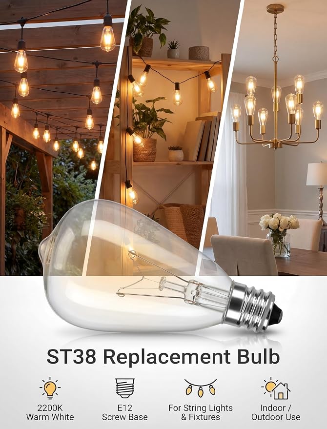 ST38 Edison Replacement Light Bulbs, 7W Clear Glass String Lights - Image 3
