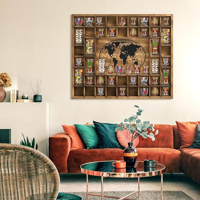 GlikCeil 44 Slots 28 x 23'' Medium World Map Shot Glass Display Case Rustic - Image 6