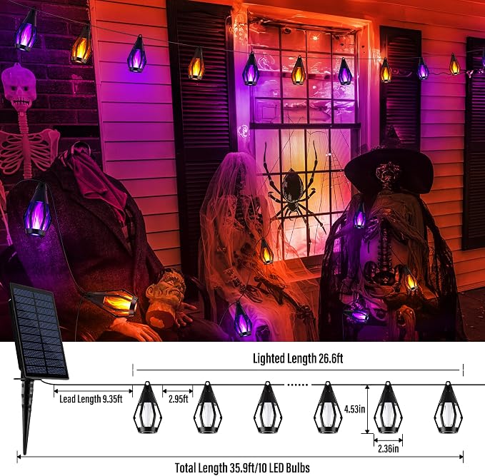 iBaycon Solar Halloween Lights, 27Ft 10 LED Bulbs Flickering Flame String Light - Image 3