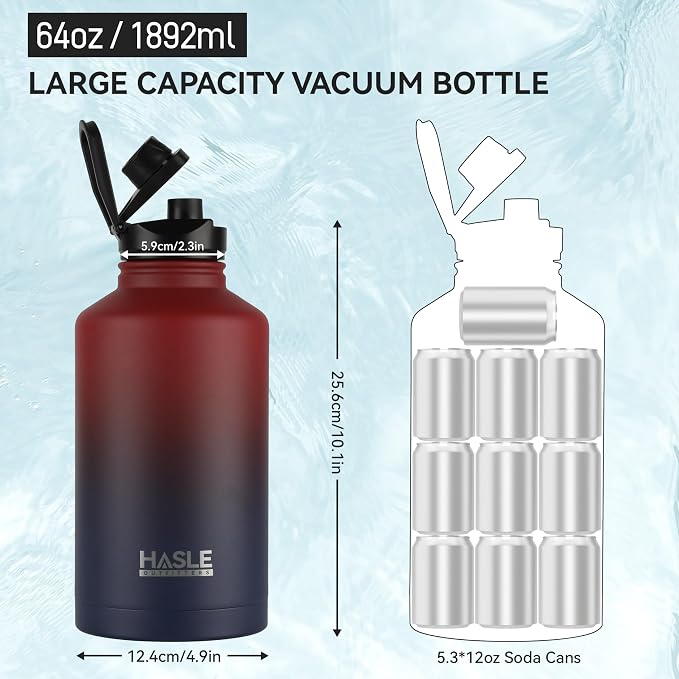 HASLE OUTFITTERS Half Gallon Insulated Water Bottles 64 oz, Stainless Steel - Image 3