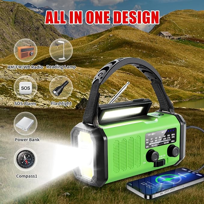Leaton Emergency Radio with Solar/Hand Crank/USB Charging, 10000mAh - Image 7