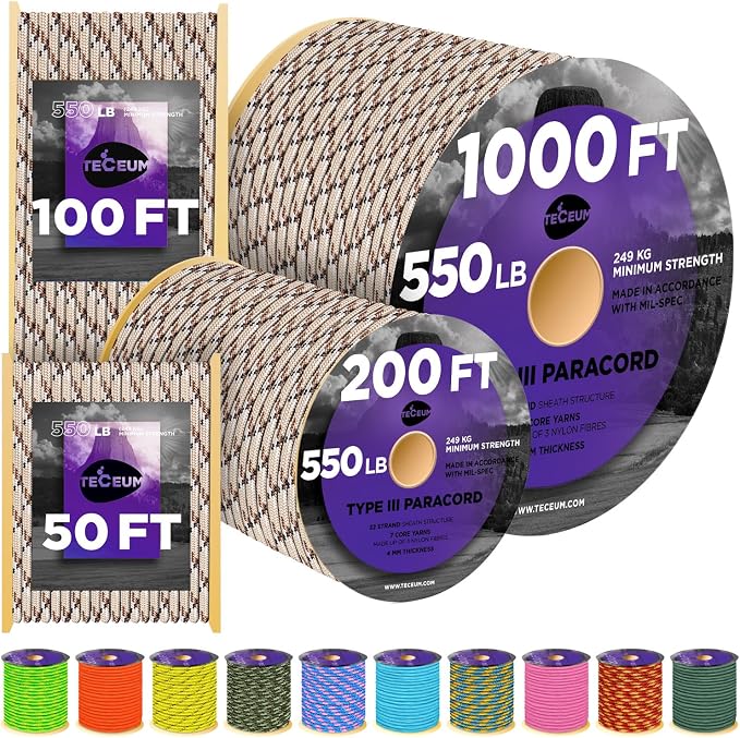 TECEUM Reflective Paracord Rope 1000 – 1000ft/200ft/100ft/50ft – 40+ Colors – by TECEUM