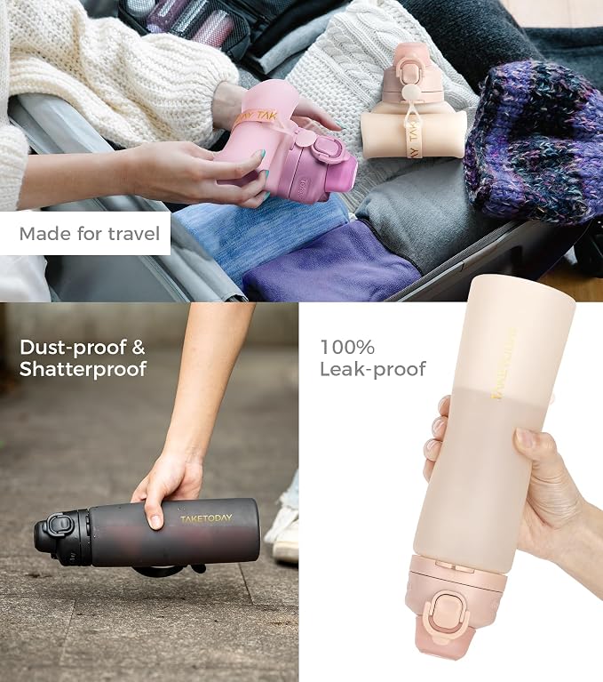 TakeToday Collapsible Water Bottles 21oz, Foldable Platinum Silicone Travel - Image 4