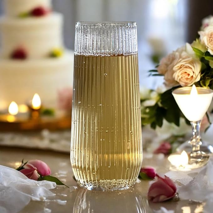 Oojami 48 Pack Ribbed Origami Ripple Plastic Glasses, 24 Stemless 9oz Champagne - Image 9