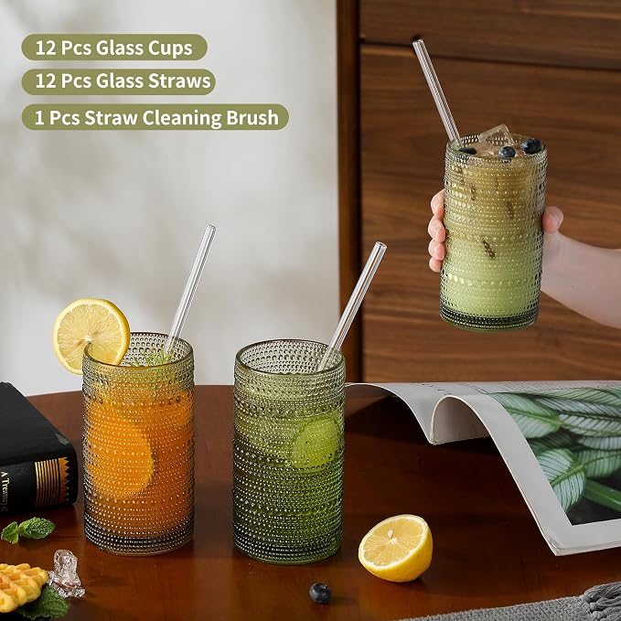 Vintage Hobnail Drinking Glasses Set of 12, 16 oz Large Capacity Embossed Green - Image 5