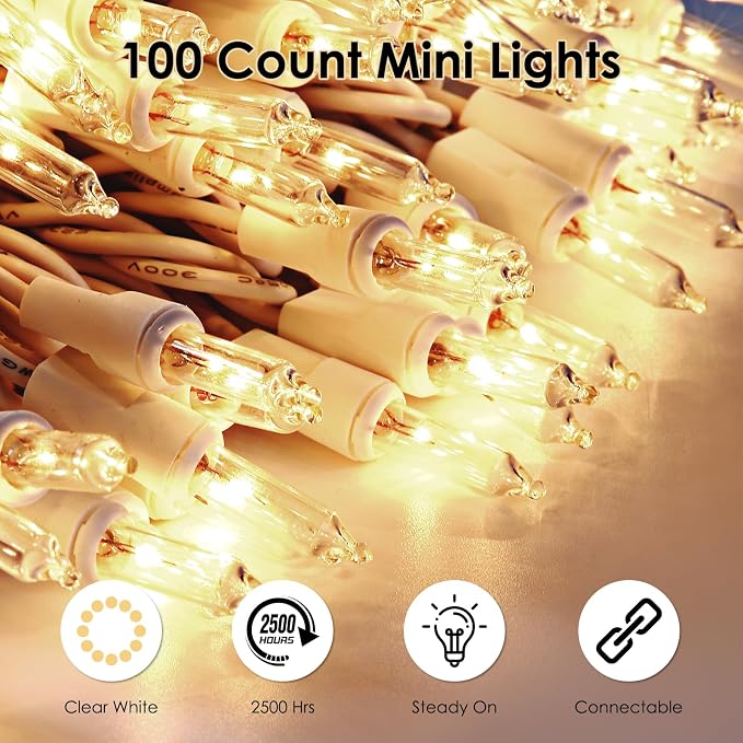 Meteds Christmas Lights 50 Count Clear Mini Lights White Wire UL Certified - Image 2