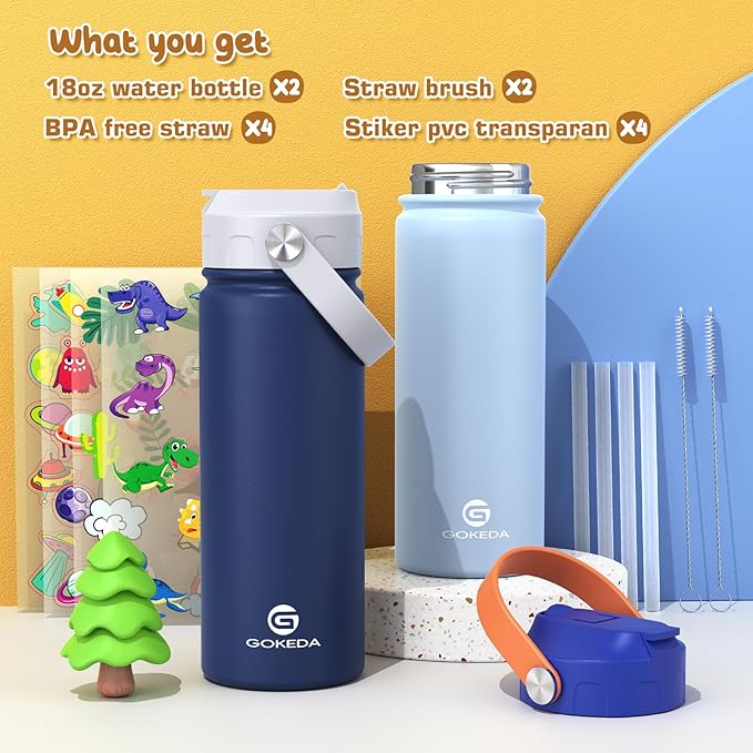 GoKEDA 18oz Kids Water Bottle, 2 Pack Insulated Bottles - Image 2