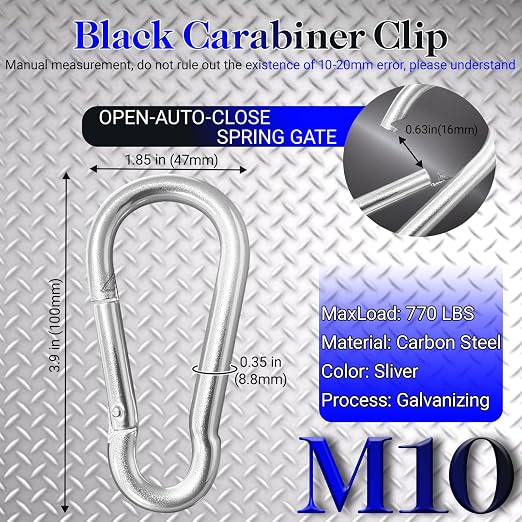 5 Pack 3.9" Heavy Duty Carabiner Clips, M10 Sliver Galvanized Steel Spring Snap - Image 2