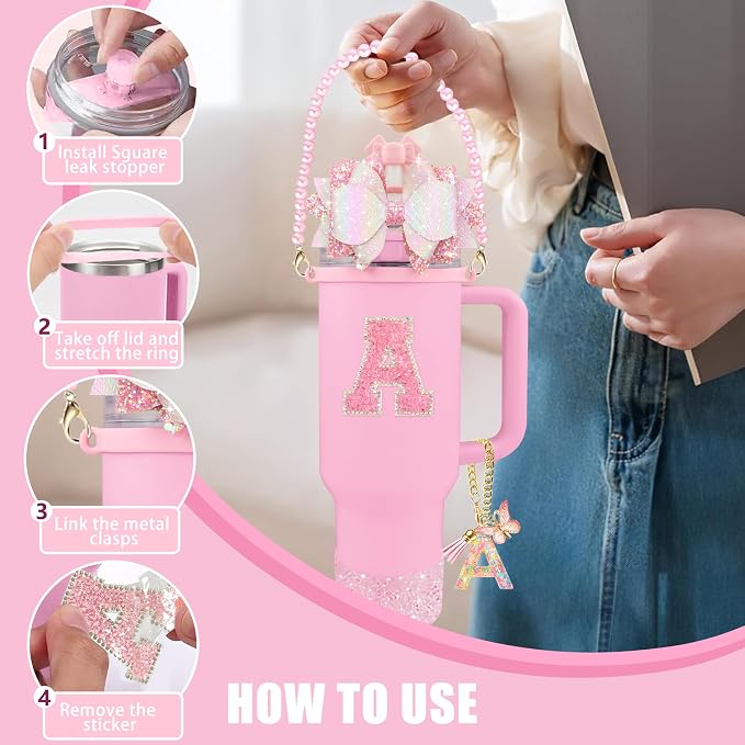 9PCS Pink for Stanley Cup Accessories Set 30/40 Oz Bling Initials Bow Charms - Image 5