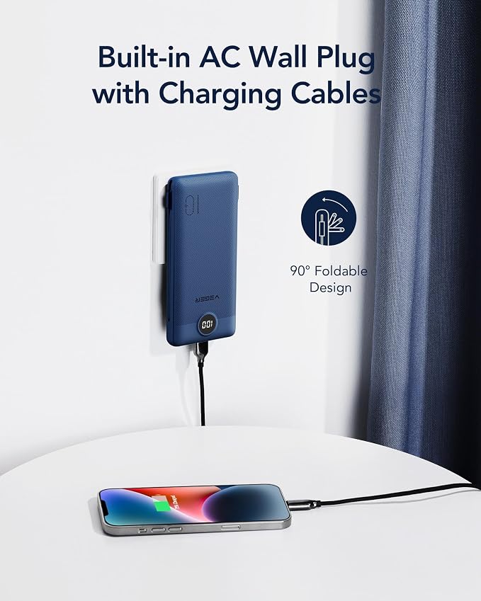 VEGER Portable Charger with Built-in AC Plug and Cables, All in One 10000mAh - Image 3
