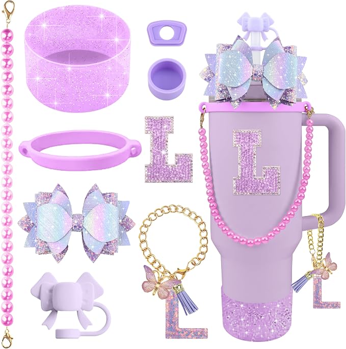 9PCS Purple for Stanley Cup Accessories Set Bling Initials Bow Charms for by Unknown