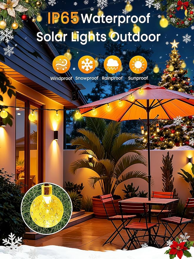 2-Pack 72FT 120 LED Crystal Globe Solar String Lights Outdoor, Waterproof Solar - Image 6