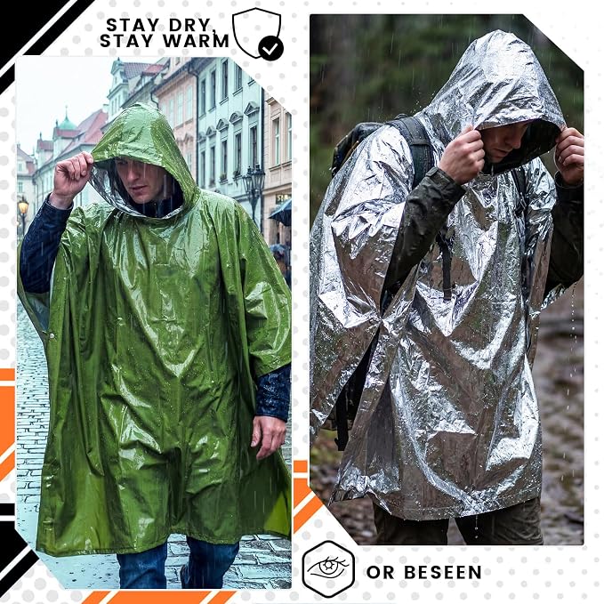 10 Pack Emergency Ponchos with Polyester Film Blanket Liner Waterproof - Image 6