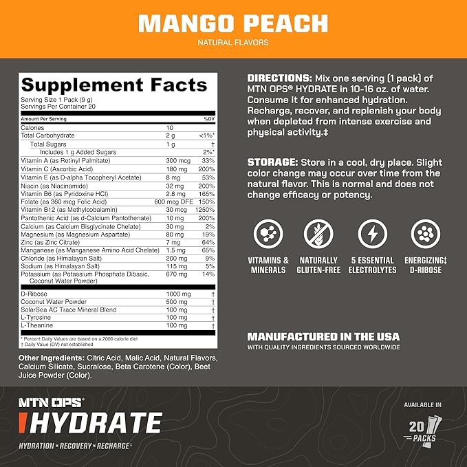 MTN OPS Hydrate Electrolytes Powder Drink Mix, 20 Single Serving On-The-Go - Image 3
