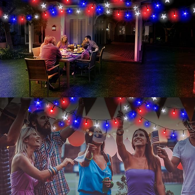 2 Pack Solar Powered Outdoor Patriotic Star String Lights, 100 LED 33 FT Each - Image 5