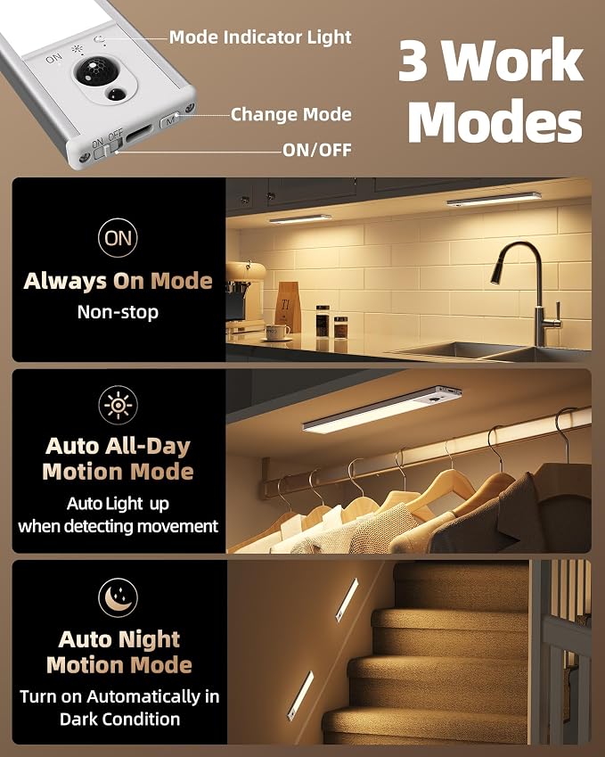 EZVALO 3-Pack Under Cabinet Lighting, 2400mAh Motion Sensor Light, LED Closet - Image 7