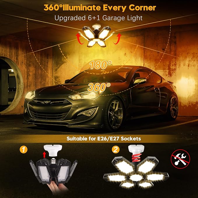TANBABY 2 Pack LED Garage Lights, 150W Deformable Garage Light Bulb, Total - Image 4