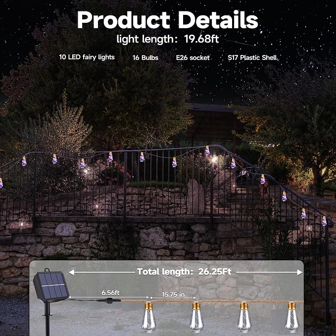 Solar Outdoor String Lights, 20Ft Vintage Rope Hemp Solar Patio Lights - Image 3