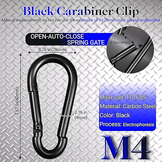 50 Pack 1.57" Heavy Duty Carabiner Clips, M4 Black Galvanized Steel Spring Snap - Image 2