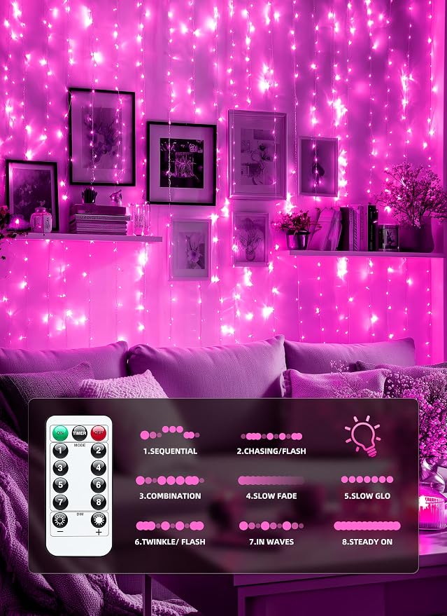 Brightown 300 LED Pink Fairy Curtain Lights, 9.8ft x 9.8ft String Lights - Image 5