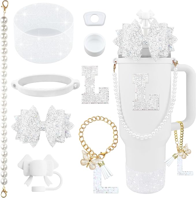 9PCS White for Stanley Cup Accessories Set Bling Initials Bow Charms for by Unknown