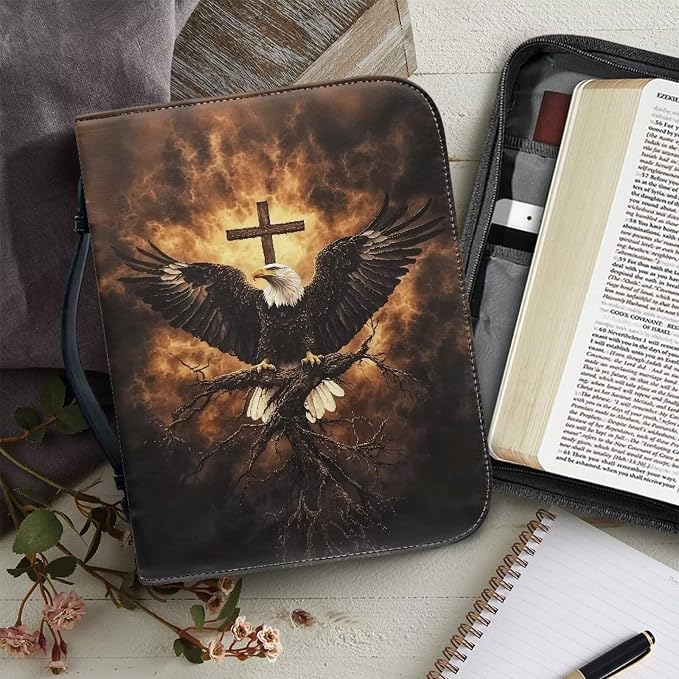 Medium Bible Cover Case for Women Men Bald Eagle and Cross Print PU Leather - Image 5