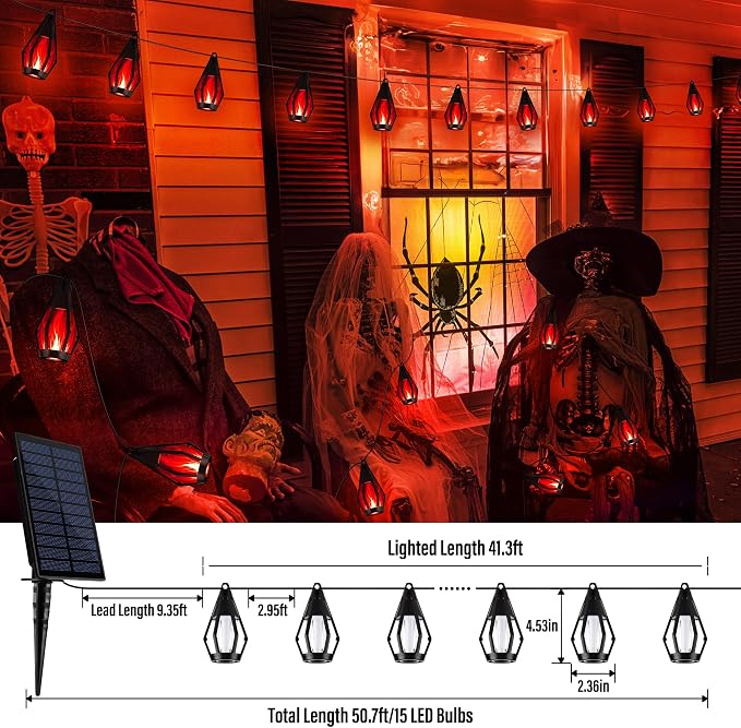 iBaycon Solar Halloween Lights, 42Ft 15 LED Bulbs Flickering Flame String Light - Image 3