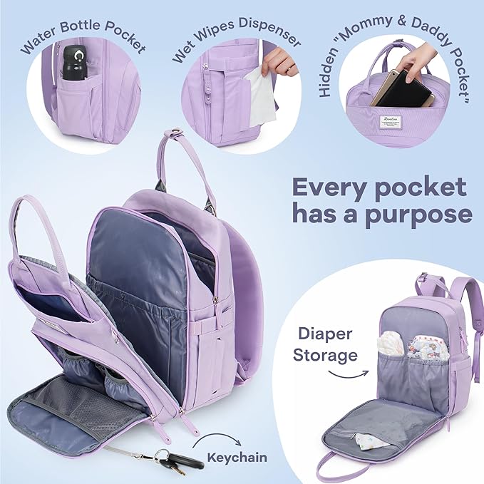 RUVALINO Diaper Bag Backpack, Large Capacity, Waterproof, Taro Purple - Image 3