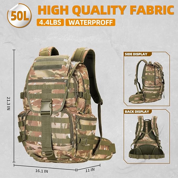 50L Military Tactical Backpack 3 Day Assault Pack Molle Daypack Hiking Backpack - Image 2