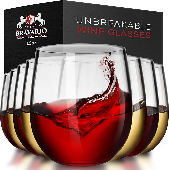 Bravario Unbreakable Stemless Plastic Wine Glasses | Reusable | Shatterproof by Bravario