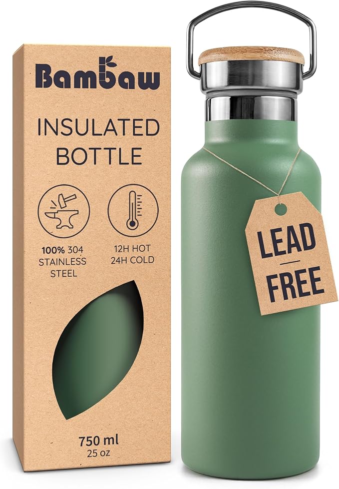 Bambaw 24 oz Insulated Water Bottle, Double Wall Metal Water Bottle Stainless by Bambaw