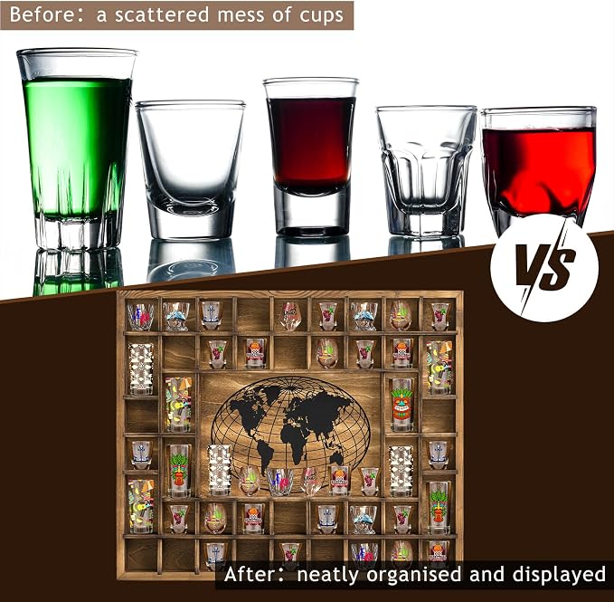 GlikCeil 44 Slots 28 x 23'' Medium World Map Shot Glass Display Case Rustic - Image 3