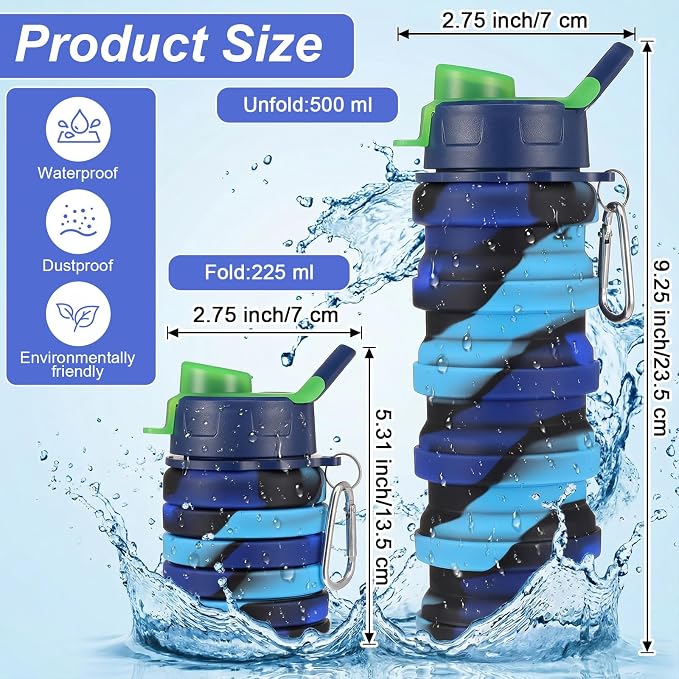 5 Pack Foldable Water Bottles, 16 oz Silicone Reusable Foldable Water Bottle - Image 2