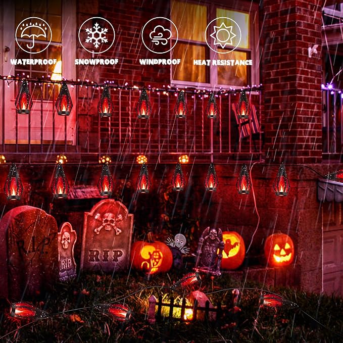 iBaycon Solar Halloween Lights, 42Ft 15 LED Bulbs Flickering Flame String Light - Image 5