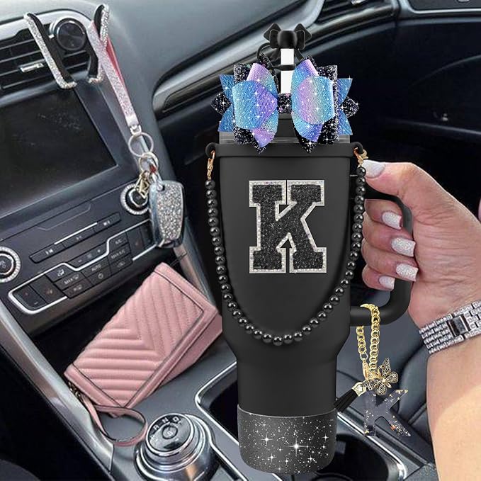 9PCS Black for Stanley Cup Accessories Set Bling Initials Bow Charms for - Image 6