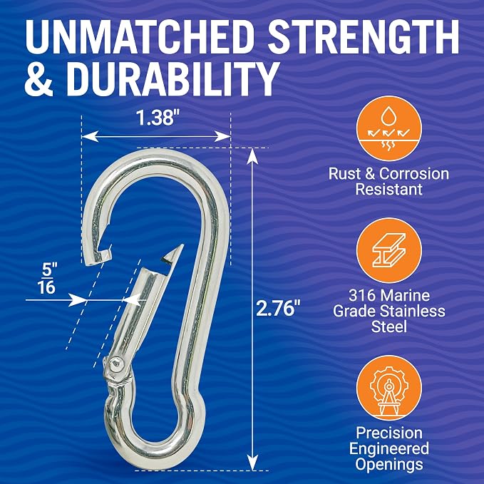 Stainless Steel Carabiner Clip, 4 Pack, 316 Marine Grade, Heavy Duty Spring - Image 3