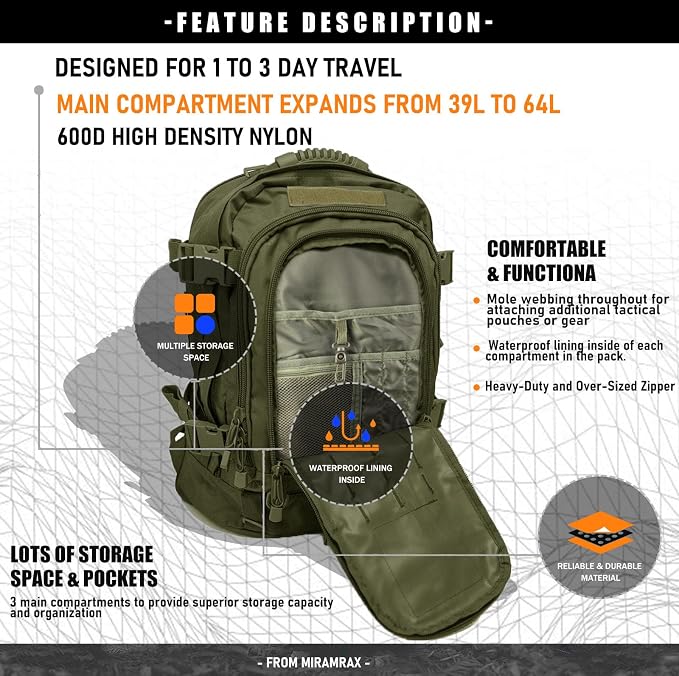 Miramrax Tactical Backpack Military Army Daypack - Image 5
